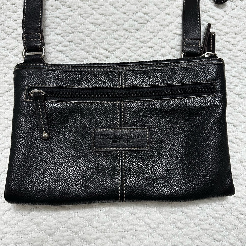 Tignanello Black Leather Travel Crossbody Bag with Compartments Adjustable Strap